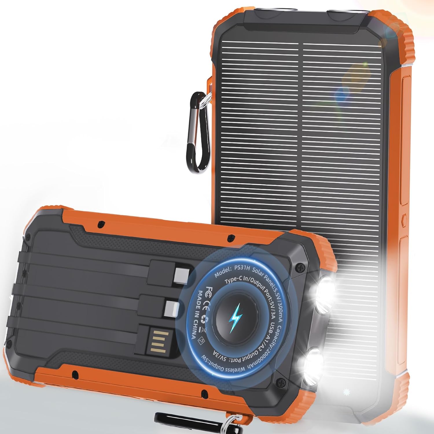 Power Bank Portable Solar Charger, Wireless Fast Charging Battery Pack, 20000mAh Capacity USB-C Input, 6 Outputs, Dual LED Flashlight, USB Battery Pack for Cell Phone Camping Travel Emergency (Orange)